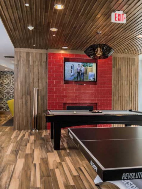 Red fireplace in lobby